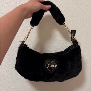 Juicy Couture Black Faux Fur Shoulder Bag with Gold Chain